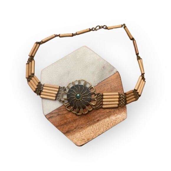 Vintage Turquoise Center Boho Flower Bamboo Choker Necklace - Picture 6 of 12